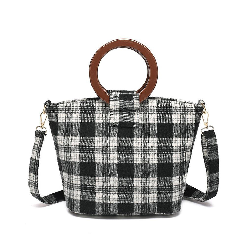 Wood arylic ring handle tartan tote in Black - 2-way carry