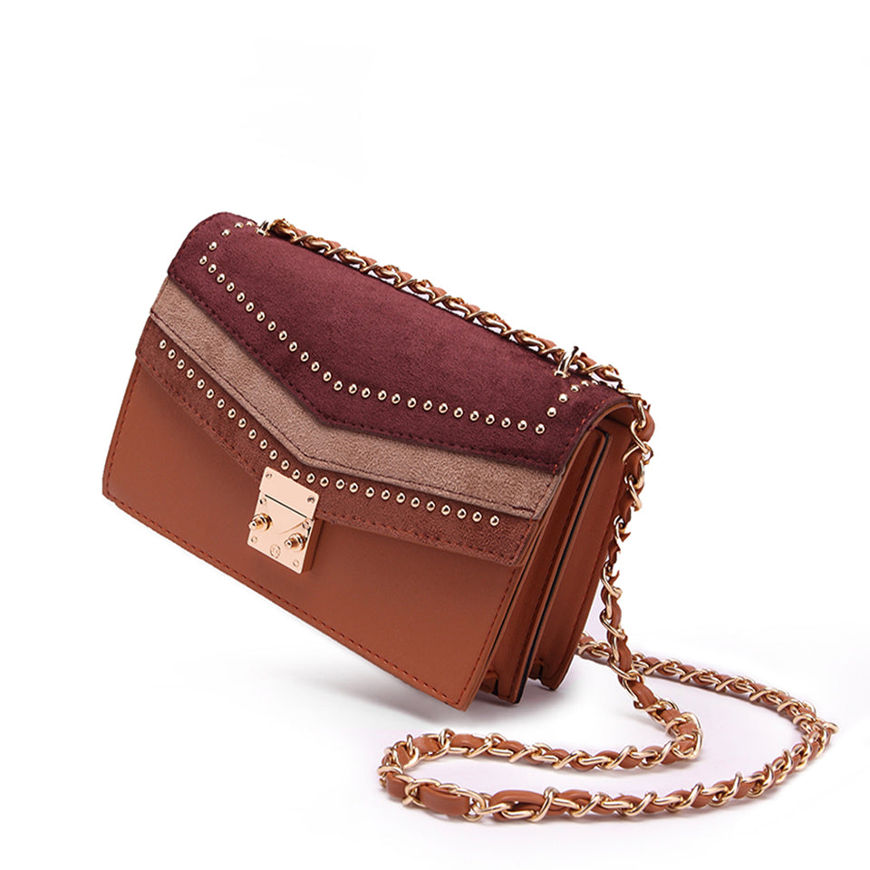 Studded colourblock faux suede crossbody bag in Red
