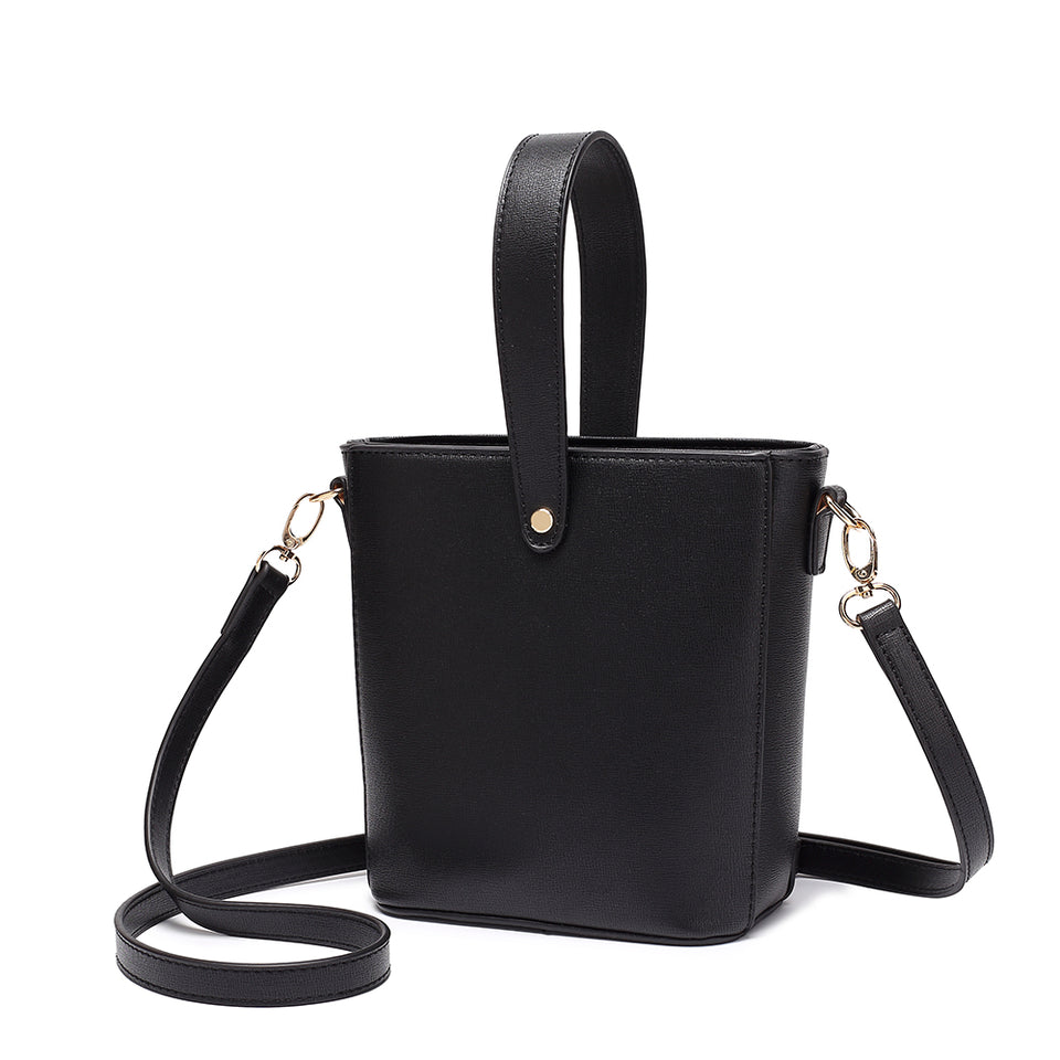 Inverted handle faux leather bucket crossbody bag in Black