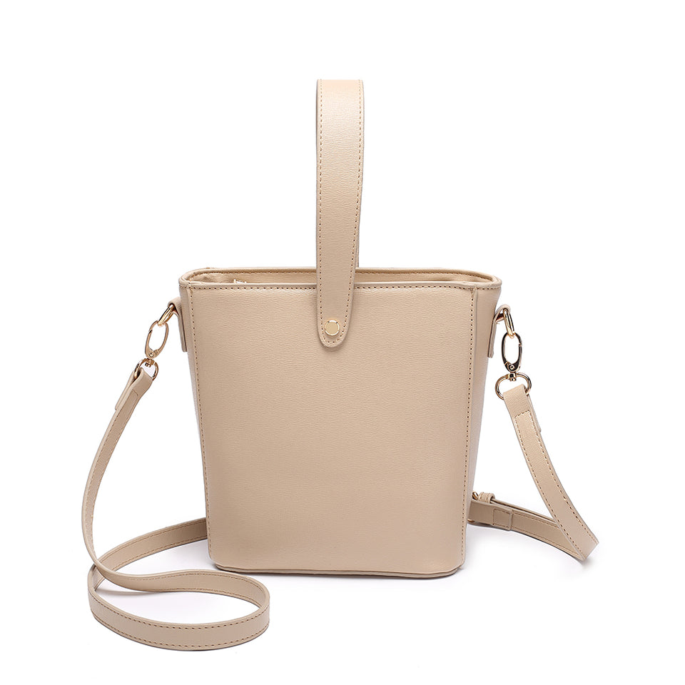 Inverted handle faux leather bucket crossbody bag in Beige