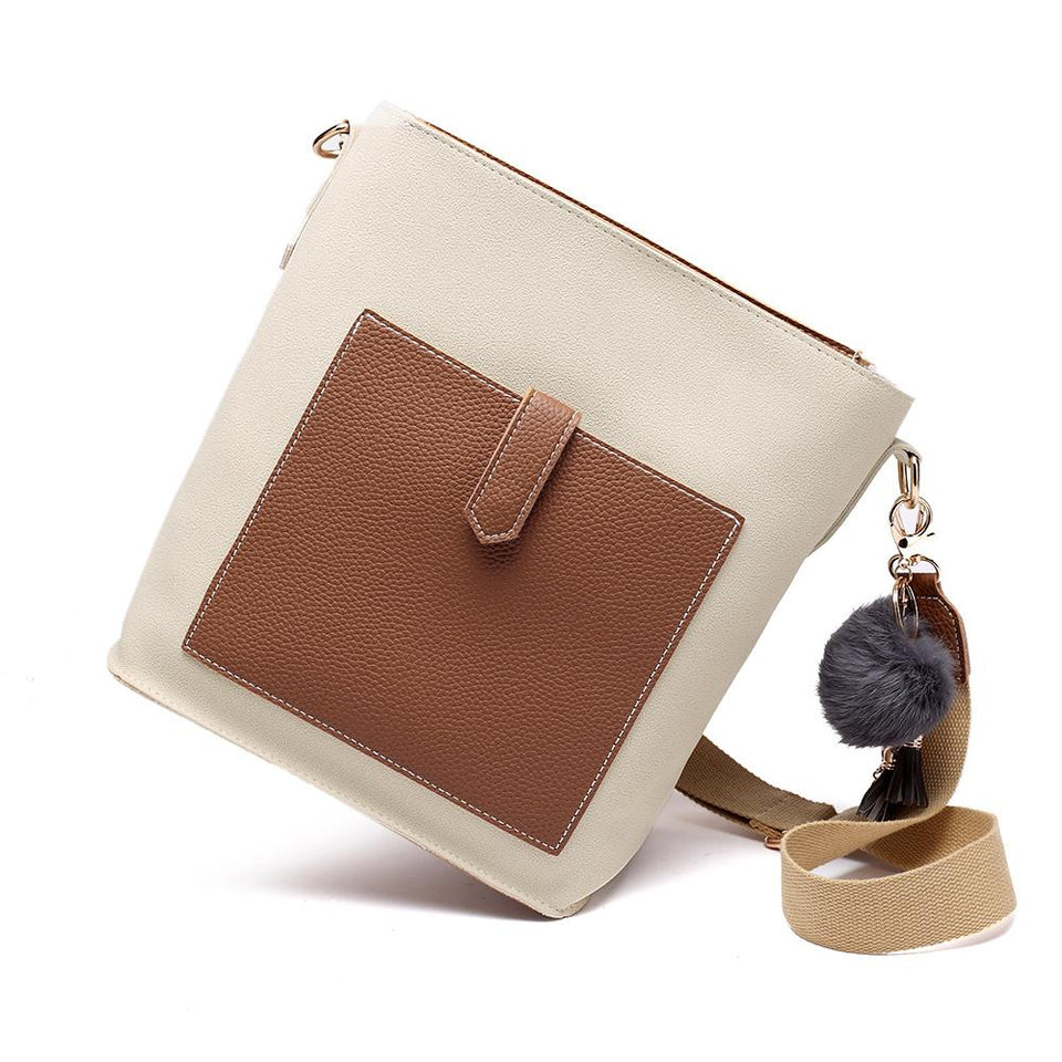 Pompom charm colourblock faux leather 2-in-1 bag in Beige