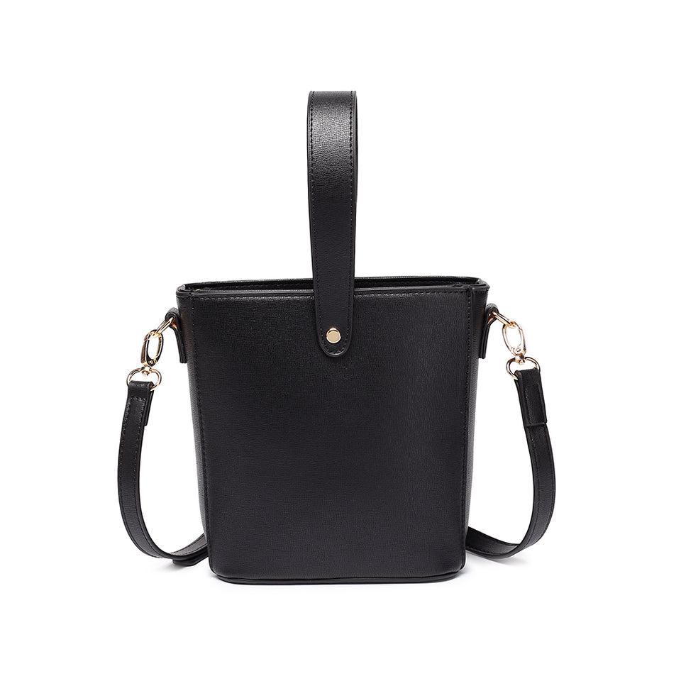 Inverted handle faux leather bucket crossbody bag in Black