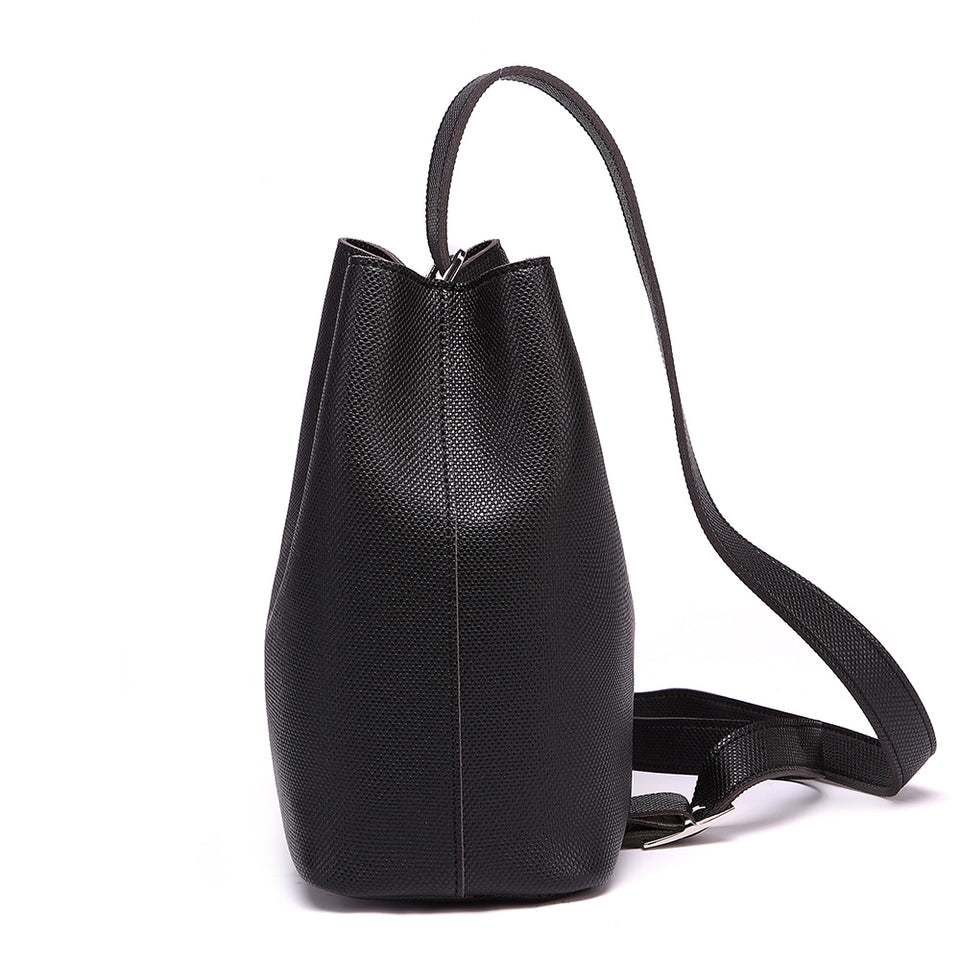 Cutout metal hardware faux leather bucket bag in Black