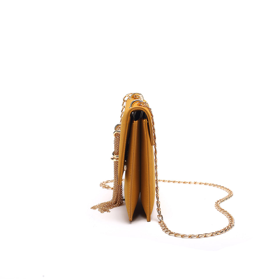 Cable chain fringed faux suede crossbody bag in Yellow