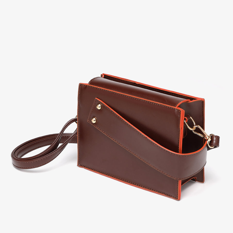 Colourblock handle boxy PU leather bag in burgundy