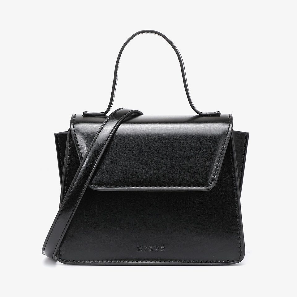 Top handle boxy PU leather crossbody bag in black