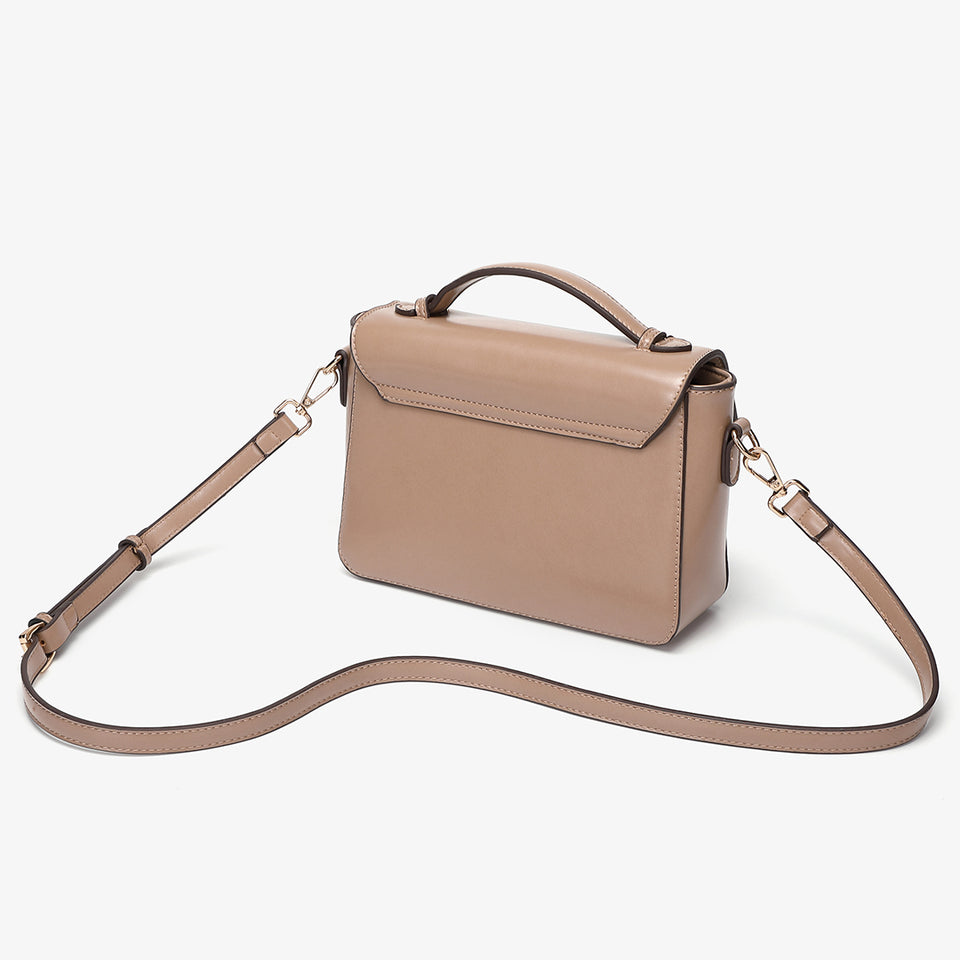 Buckled strap PU leather satchel bag in beige