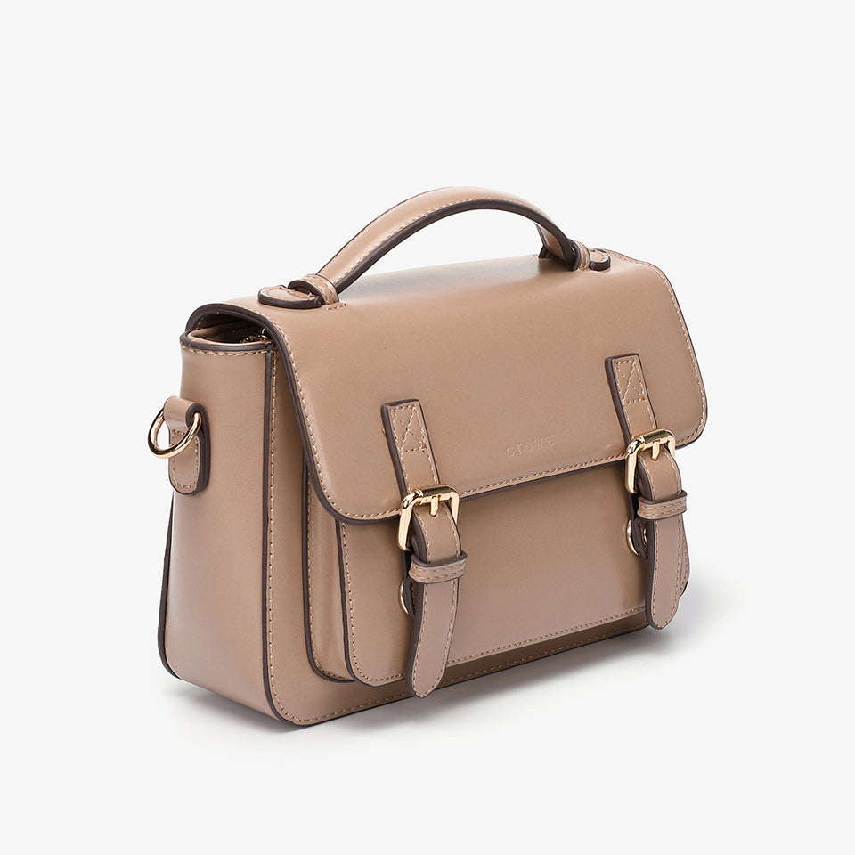 Buckled strap PU leather satchel bag in burgundy