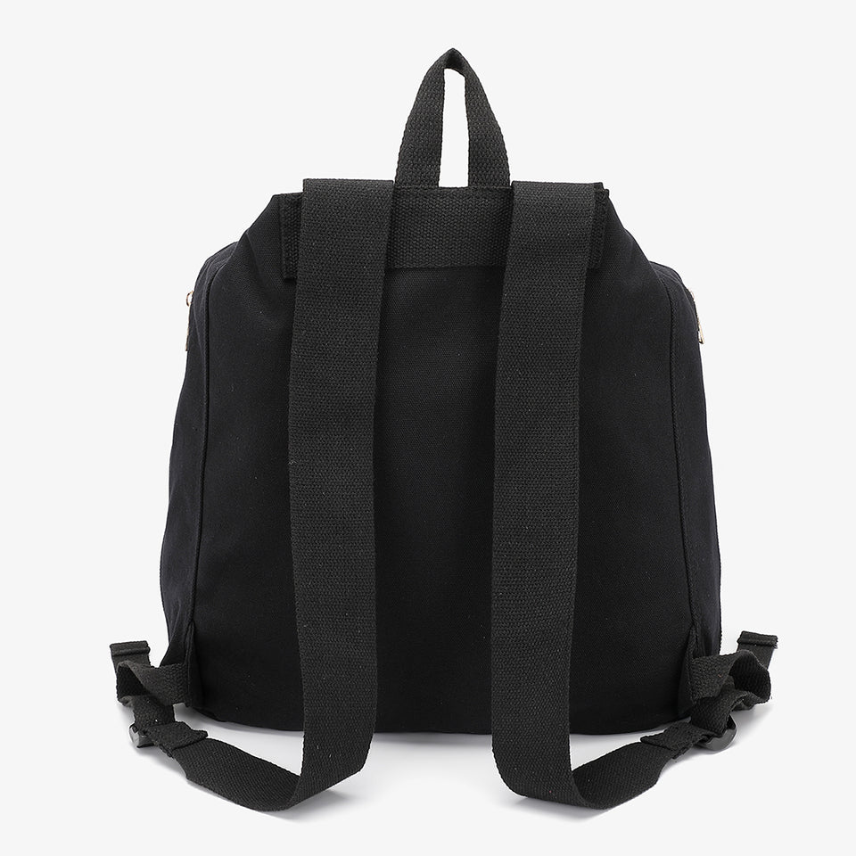 Buckle strap folded corners canvas backpack in black